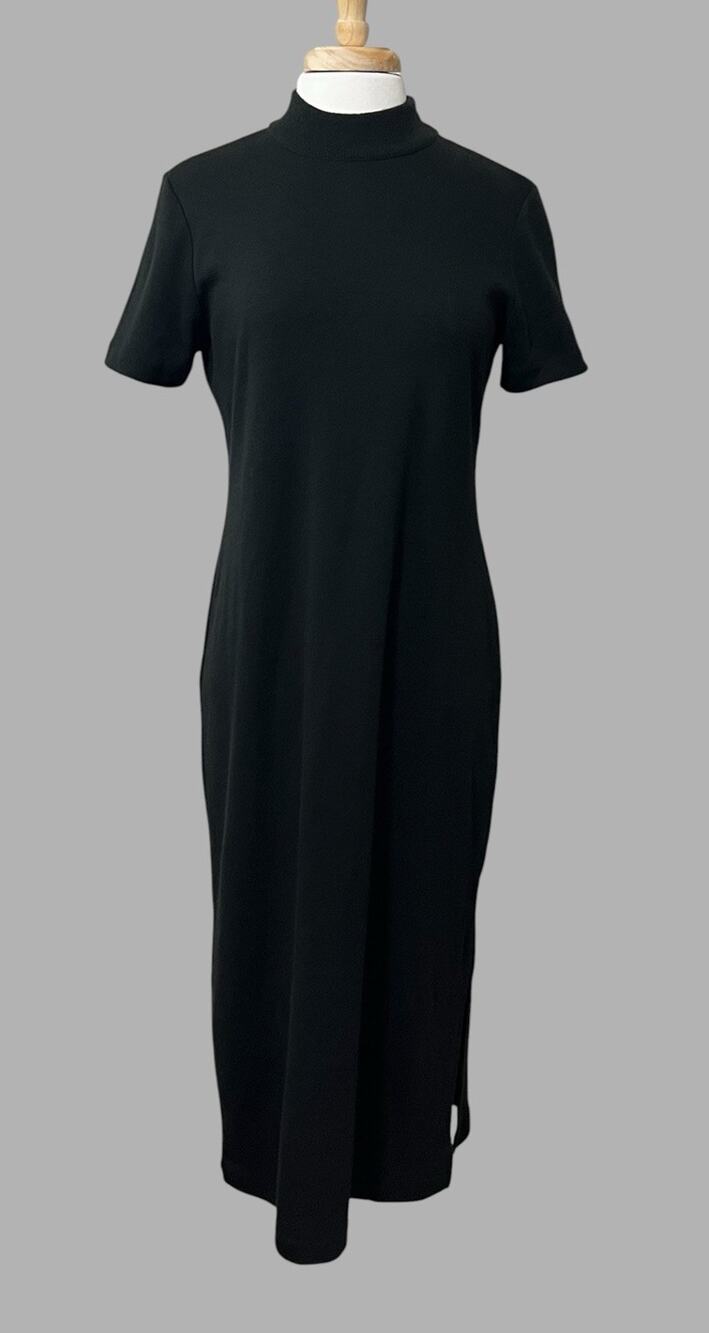 Vtg 80s Leslie Fay Maxi Dress M Black Sweater Knit Mock Neck Minimalist Chic